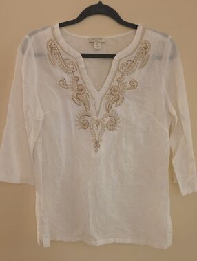 Saint Tropez West White Linen Tunic with Gold Bead Embroidery